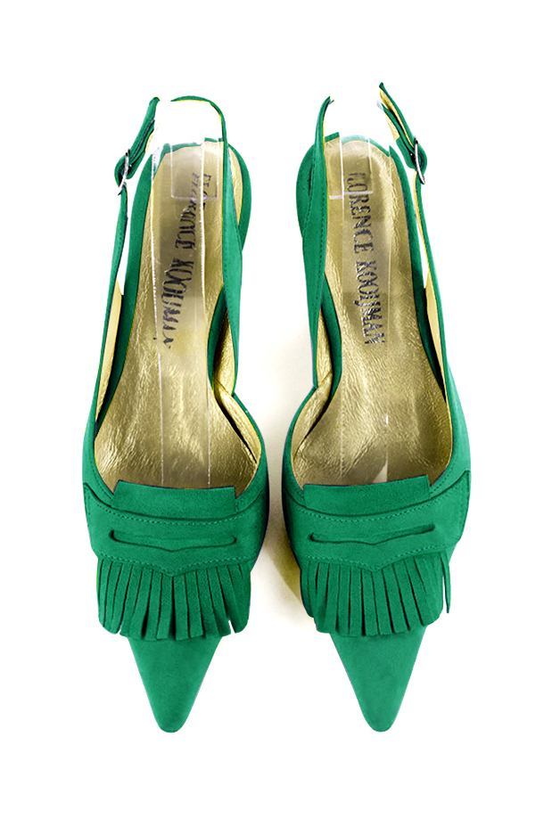 Emerald green women's slingback shoes. Pointed toe. Medium spool heels. Top view - Florence KOOIJMAN